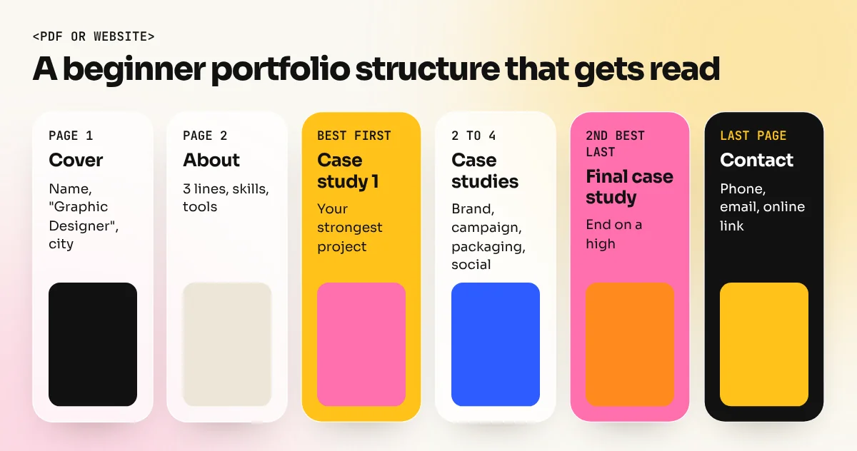 Portfolio structure: cover, about, four to six case studies with best first, then contact page