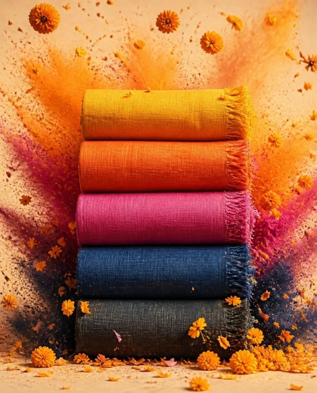 BUNAI handloom colour story: five fabric rolls with colour powder