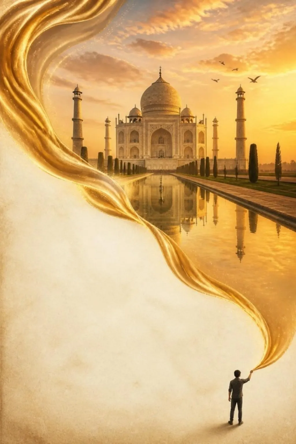 Agra tourism poster: the Taj Mahal inside a ribbon of gold